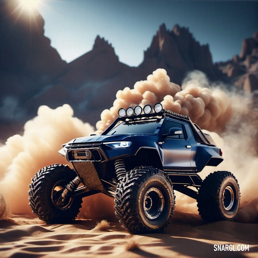 Monster truck driving through the desert with dust coming out of it's tires and wheels and a mountain in the background