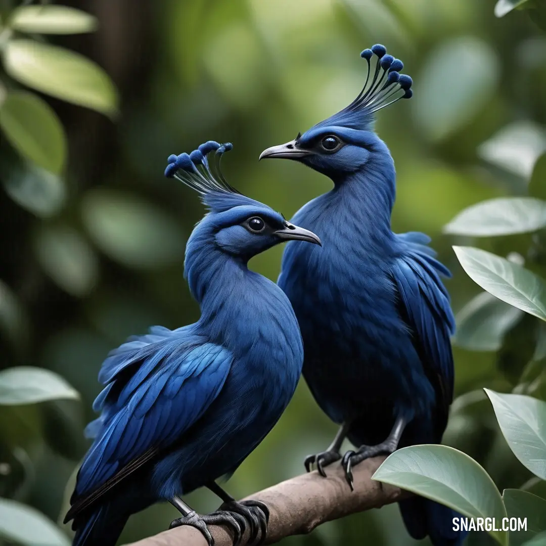 PANTONE 281 color. Two blue birds on a branch in a tree with leaves around them and one bird with its beak open