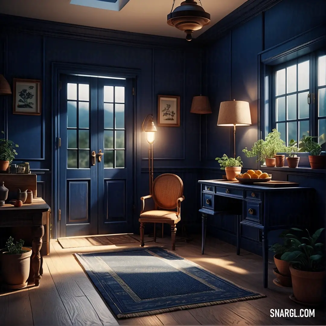 Room with a desk, chair and a lamp in it with a blue wall and a blue door. Color #252849.