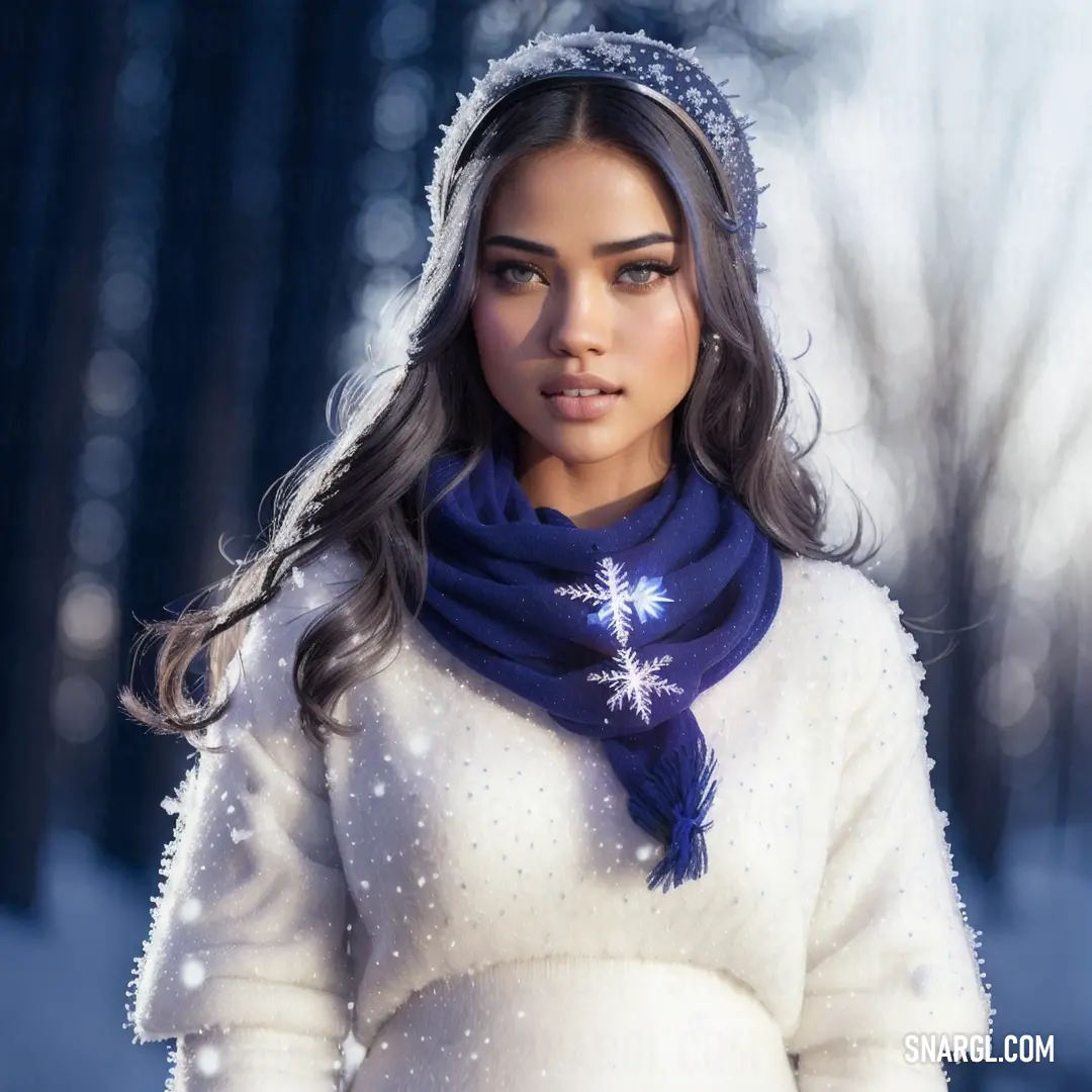 Woman in a white sweater and blue scarf standing in the snow wearing a snowflaked hat. Example of CMYK 100,90,13,68 color.