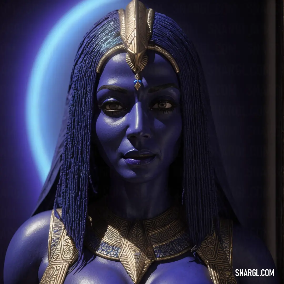 Woman with blue makeup and a gold headpiece is wearing a blue costume and a blue ring around her neck. Example of PANTONE 282 color.