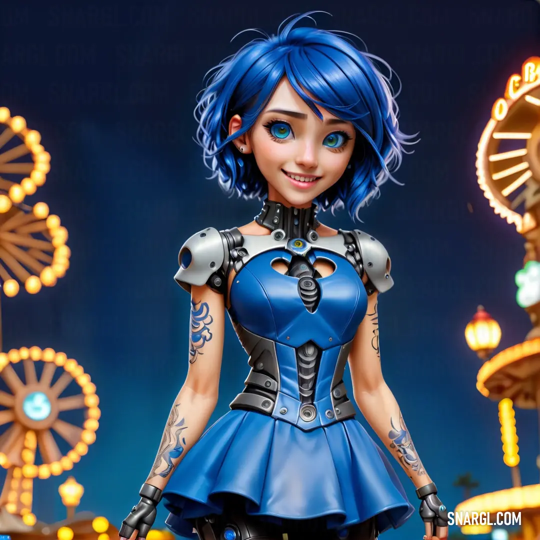 Cartoon character with blue hair and tattoos standing in front of carnival rides and ferris wheel lights at night