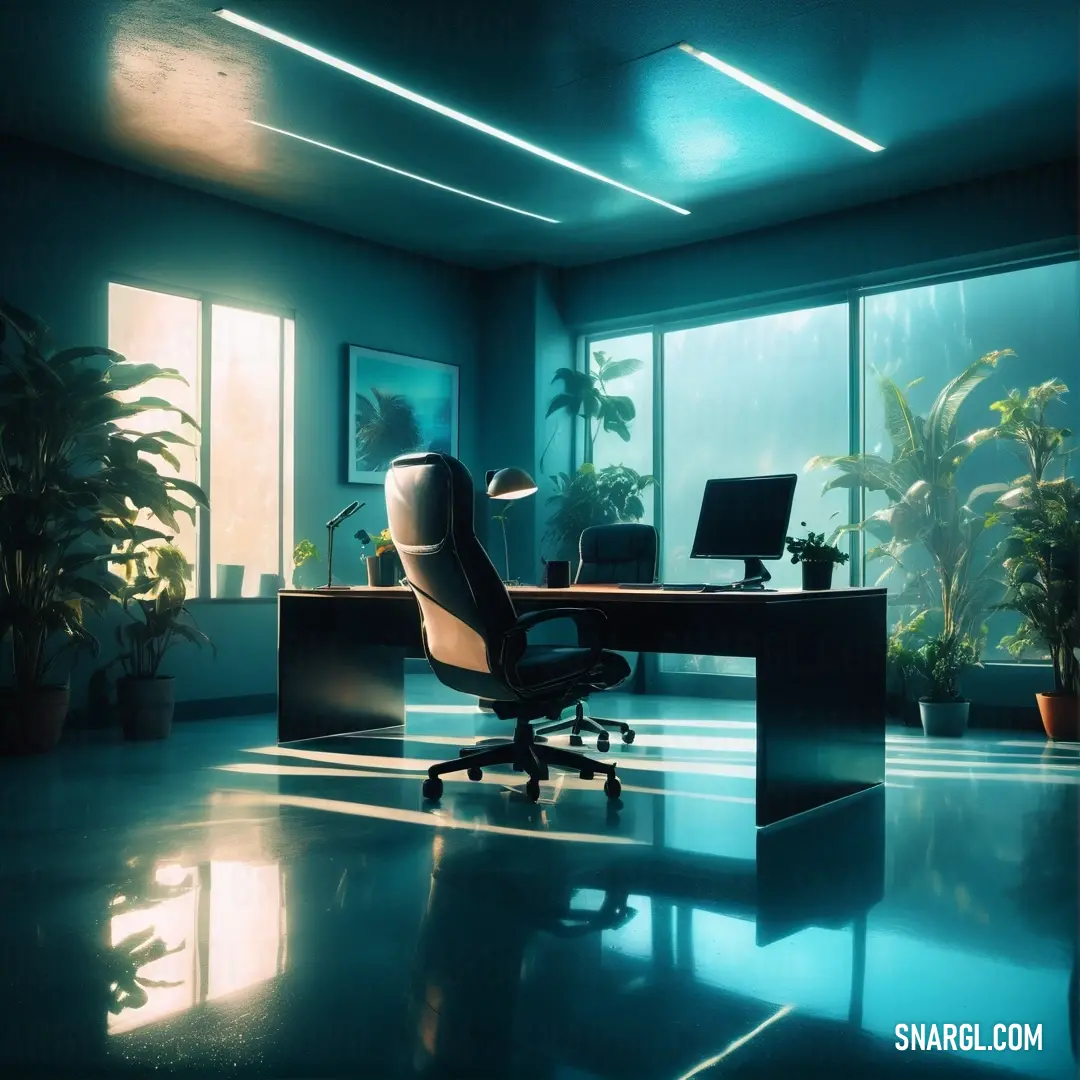 PANTONE 283 color example: Chair in front of a desk in a room with large windows and plants on the floor and a laptop on the desk