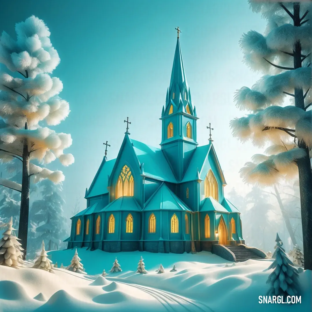 Church in the middle of a snowy forest with trees and snow on the ground and a blue sky. Example of PANTONE 283 color.