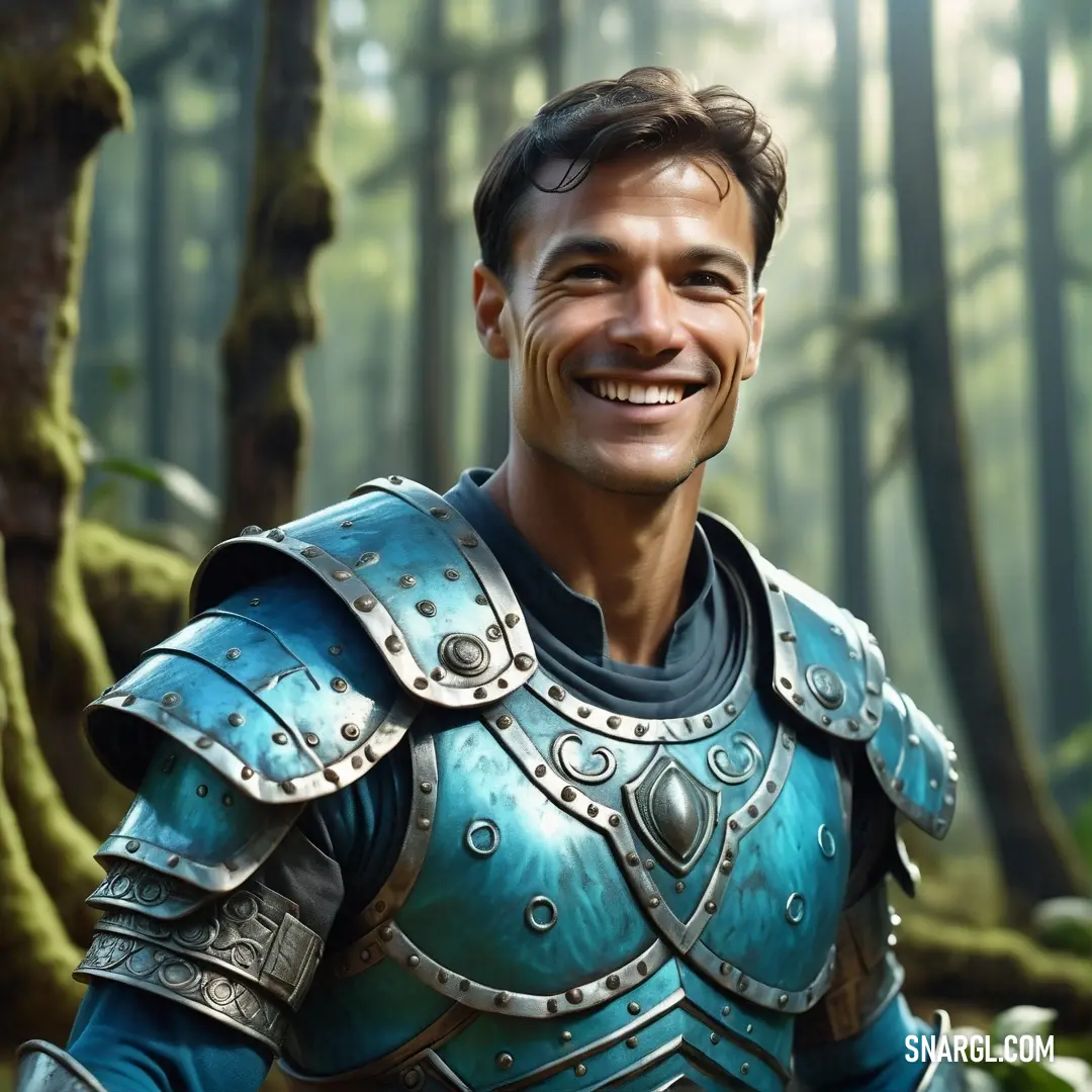 PANTONE 283 color example: Man in a blue armor smiling in a forest with trees in the background