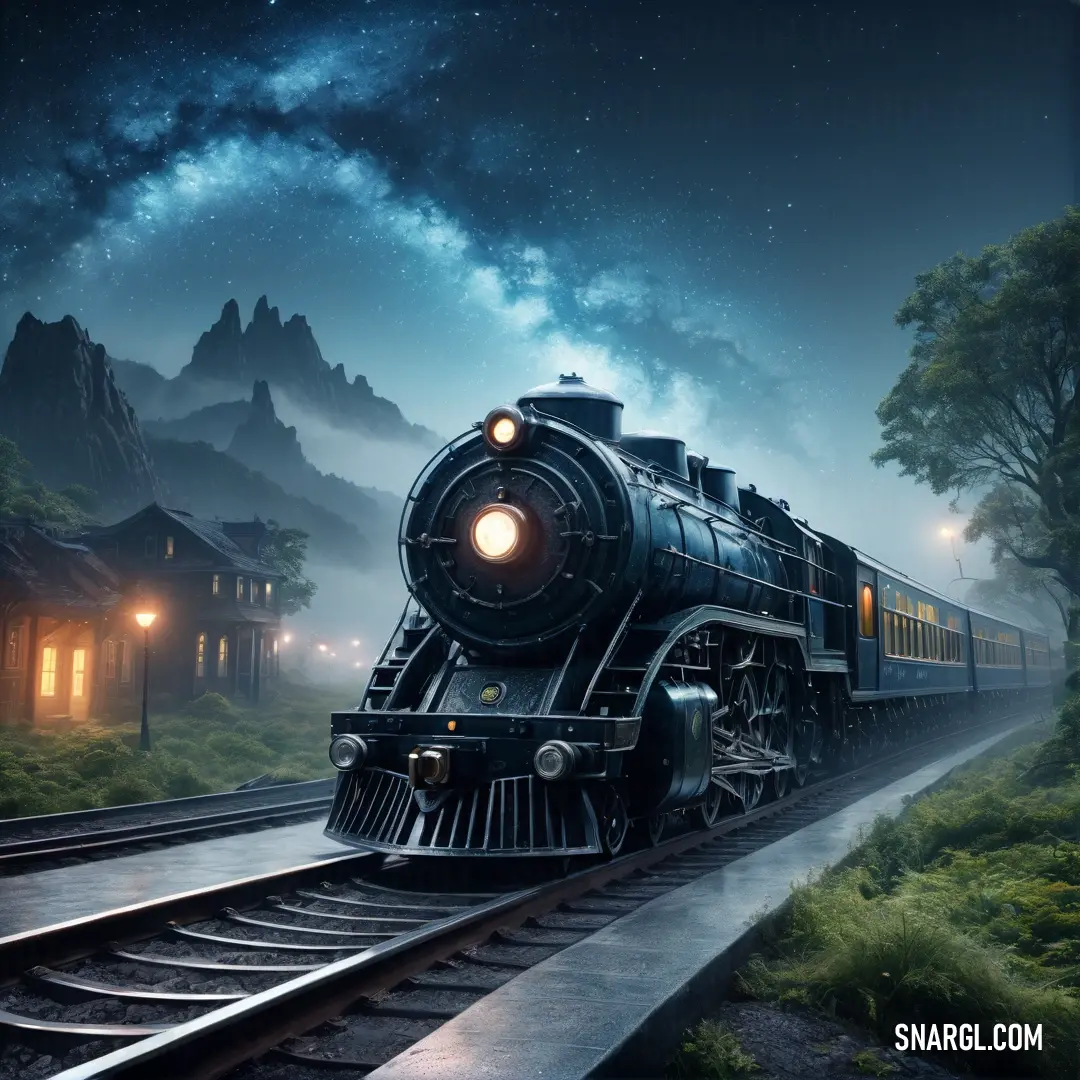 Train traveling down train tracks near a forest at night with a full moon in the sky above it. Color PANTONE 283.