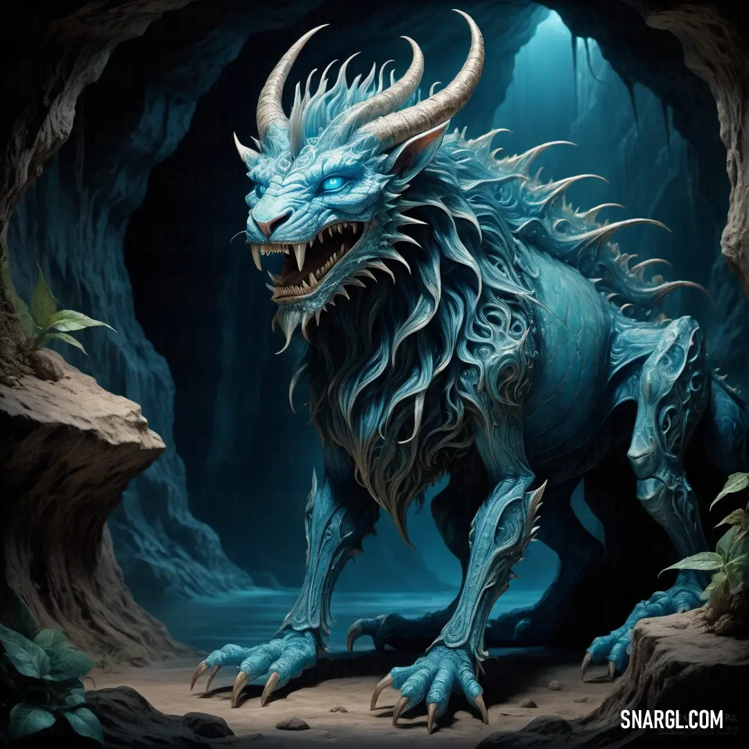 Blue dragon with horns and horns is in a cave with a light blue background. Color #75ACDA.