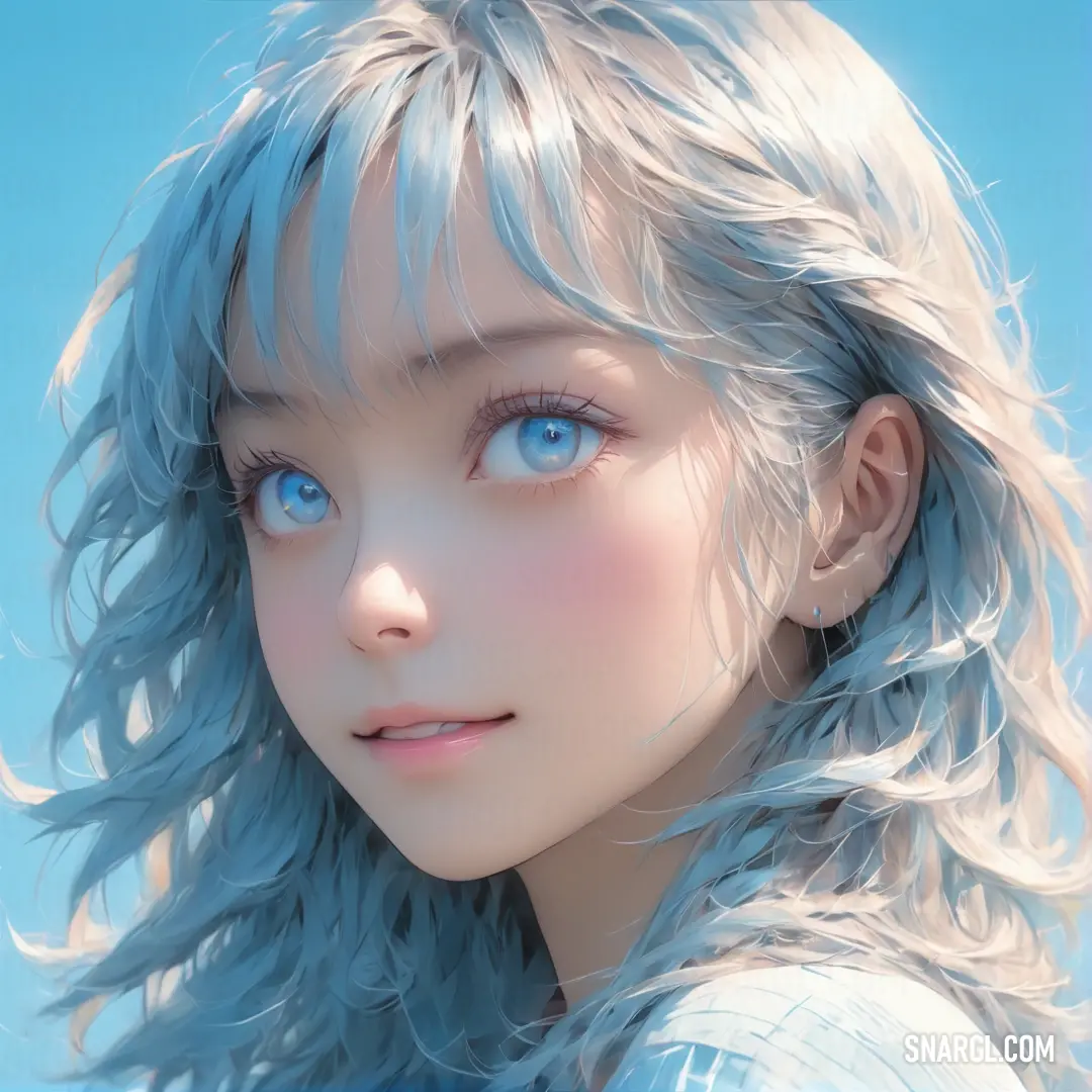Digital painting of a woman with blue eyes and blonde hair with bangs and bangs. Color PANTONE 284.