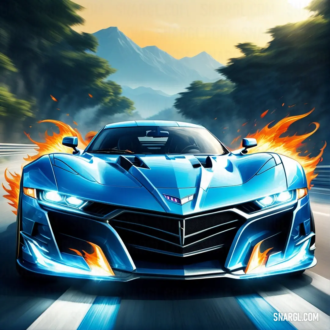 Blue sports car driving down a road with flames coming out of the hoods of it's hood. Color #2B74B7.
