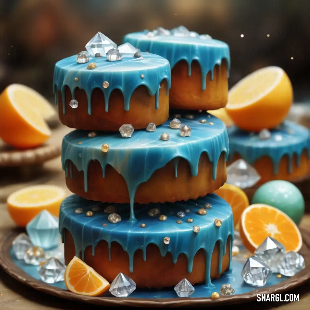 Cake with icing and orange slices on a plate with other decorations around it and a plate with orange slices on it