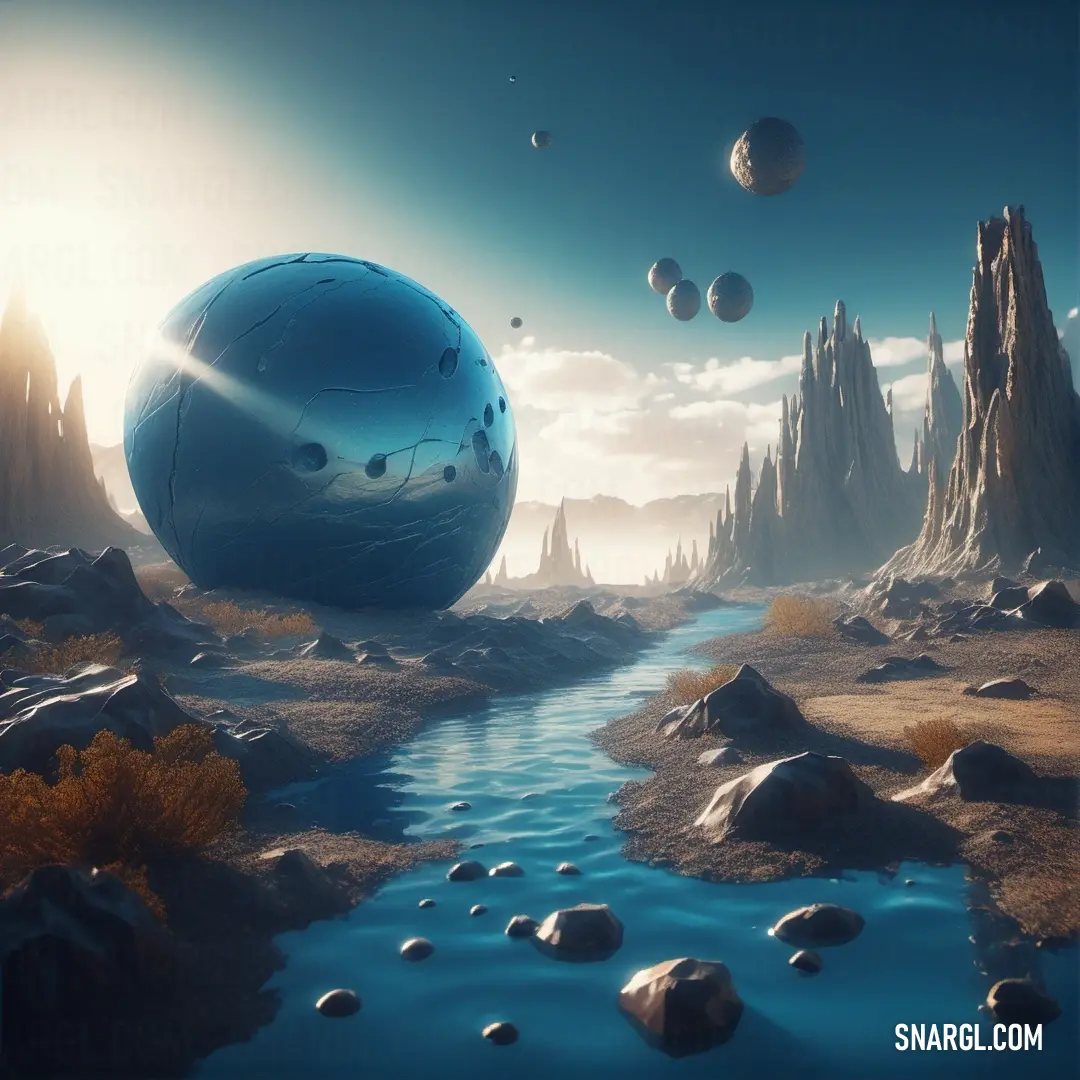 Computer generated image of a planet with a stream running through it and mountains in the background. Example of PANTONE 285 color.