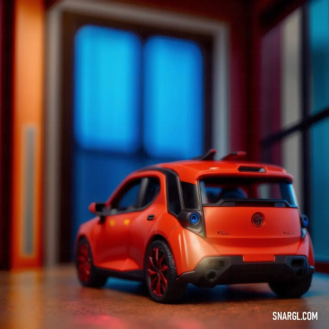 Small orange car parked in front of a window in a room with a red door and a blue wall. Example of RGB 43,116,183 color.