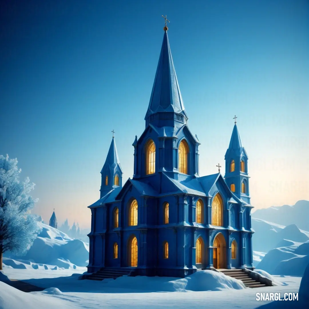 Church with a steeple and a steeple lit up in the snow at night with a full moon. Example of #24509A color.