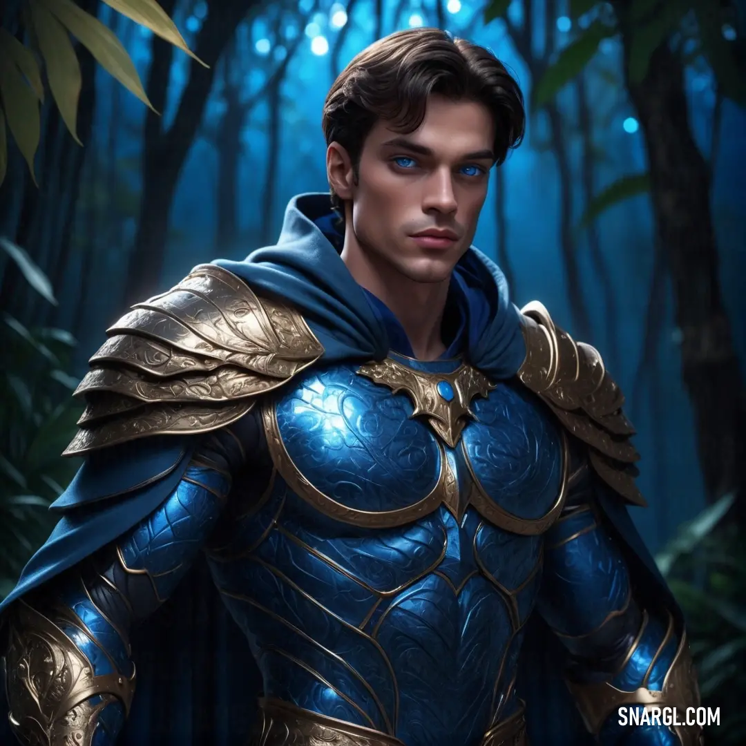 Man in a blue and gold costume in a forest with trees and leaves in the background. Example of CMYK 100,75,0,0 color.