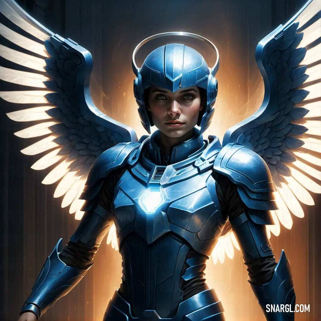 Woman in a futuristic suit with wings on her head and a halo around her head. Example of #24509A color.