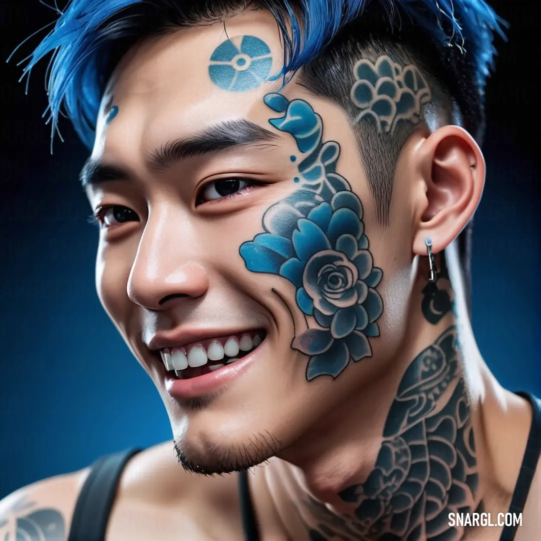 Man with a blue flower tattoo on his face and neck smiling at the camera with a blue background. Color RGB 26,71,132.