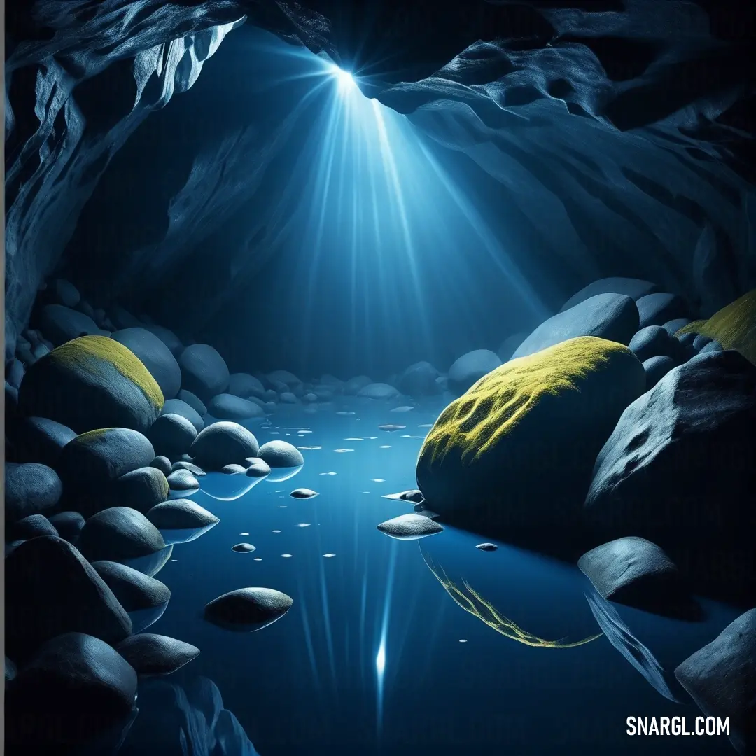 Painting of a cave with a light coming from the ceiling and water below it. Example of #1A4784 color.