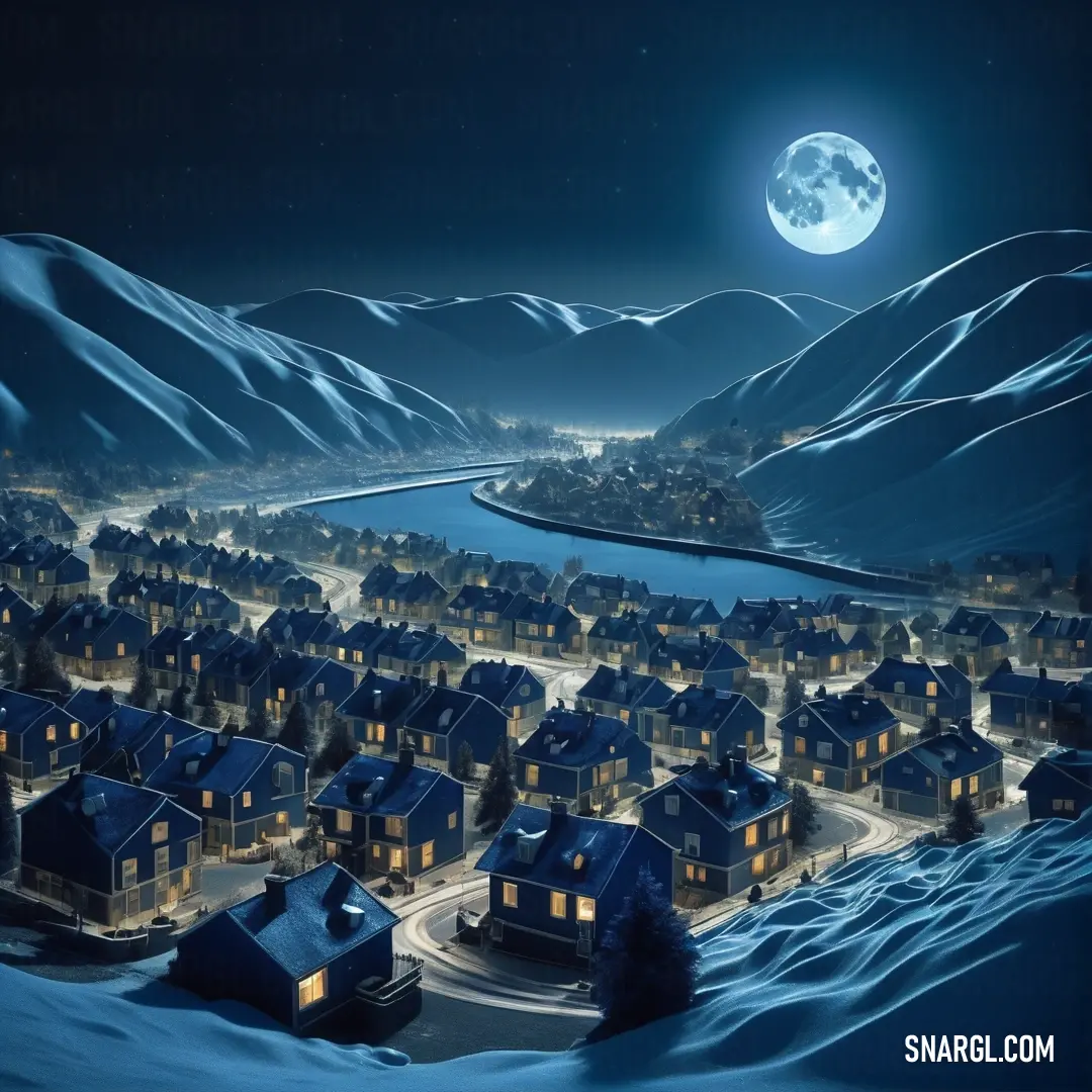 PANTONE 288 color example: Night scene of a snowy town with a full moon in the sky and a mountain range in the background