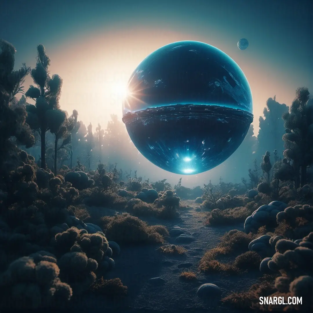 Large blue object floating over a forest filled with trees and rocks at night time with a bright light shining on it