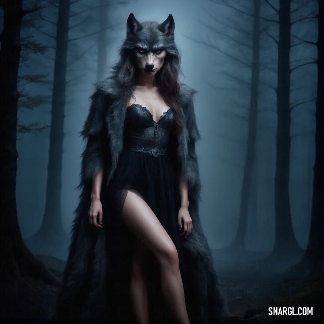 PANTONE 289 color. Woman in a black dress and a wolf mask in a dark forest with a wolf's head