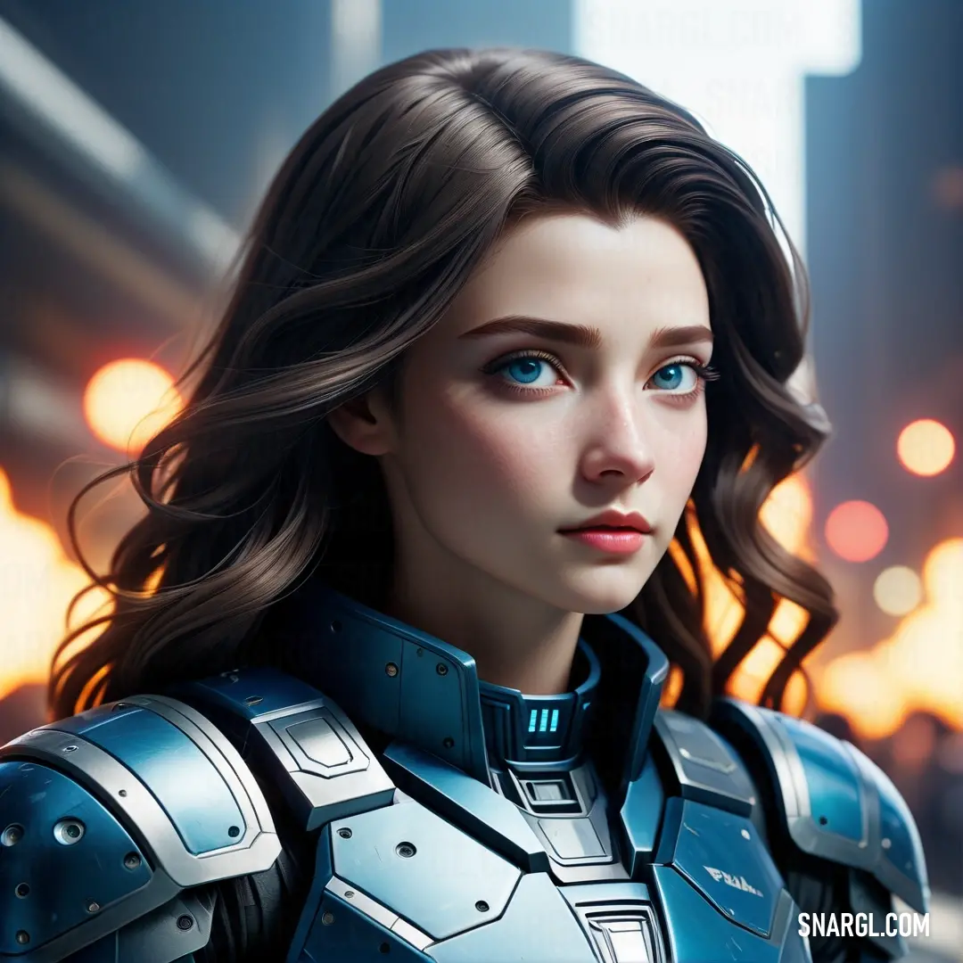Woman in a futuristic suit with blue eyes and long hair. Color CMYK 100,76,12,70.