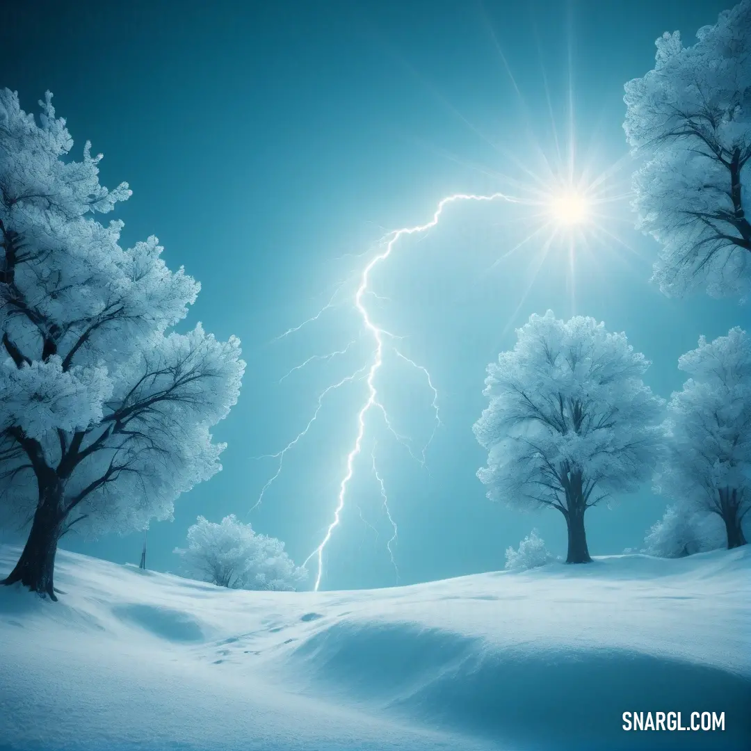 PANTONE 290 color example: Bright blue sky with a lightning bolt in the middle of the night with trees in the foreground