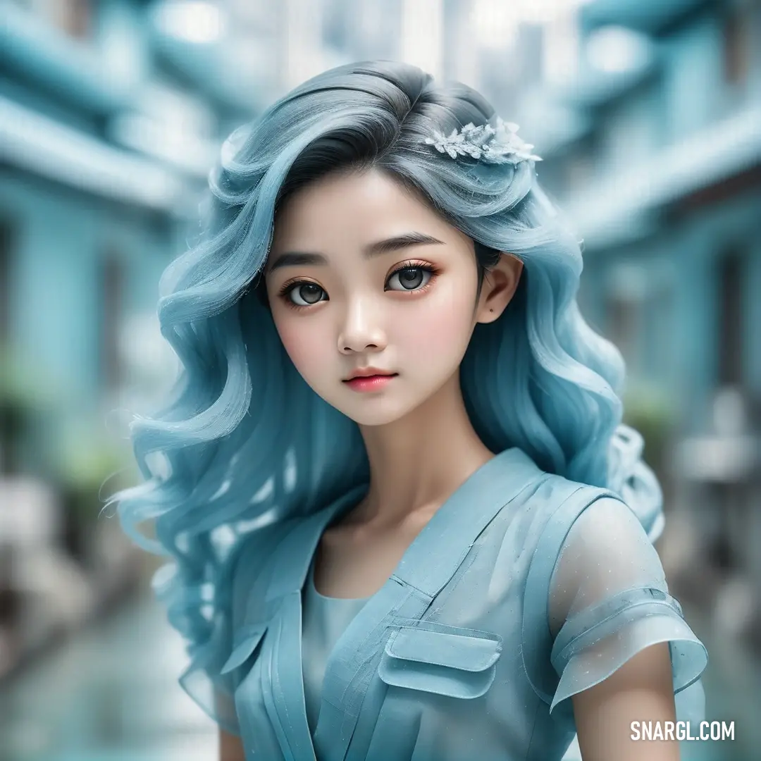 Digital painting of a woman with blue hair and a blue dress on a city street with buildings in the background. Color PANTONE 290.
