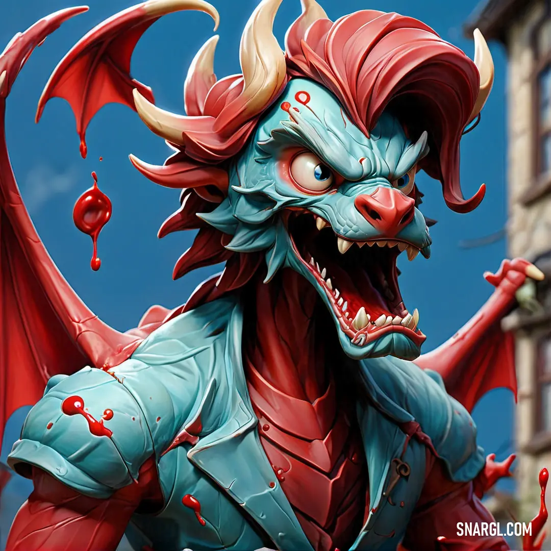 PANTONE 290 color. Statue of a demon with red hair and horns on it's head and a building in the background