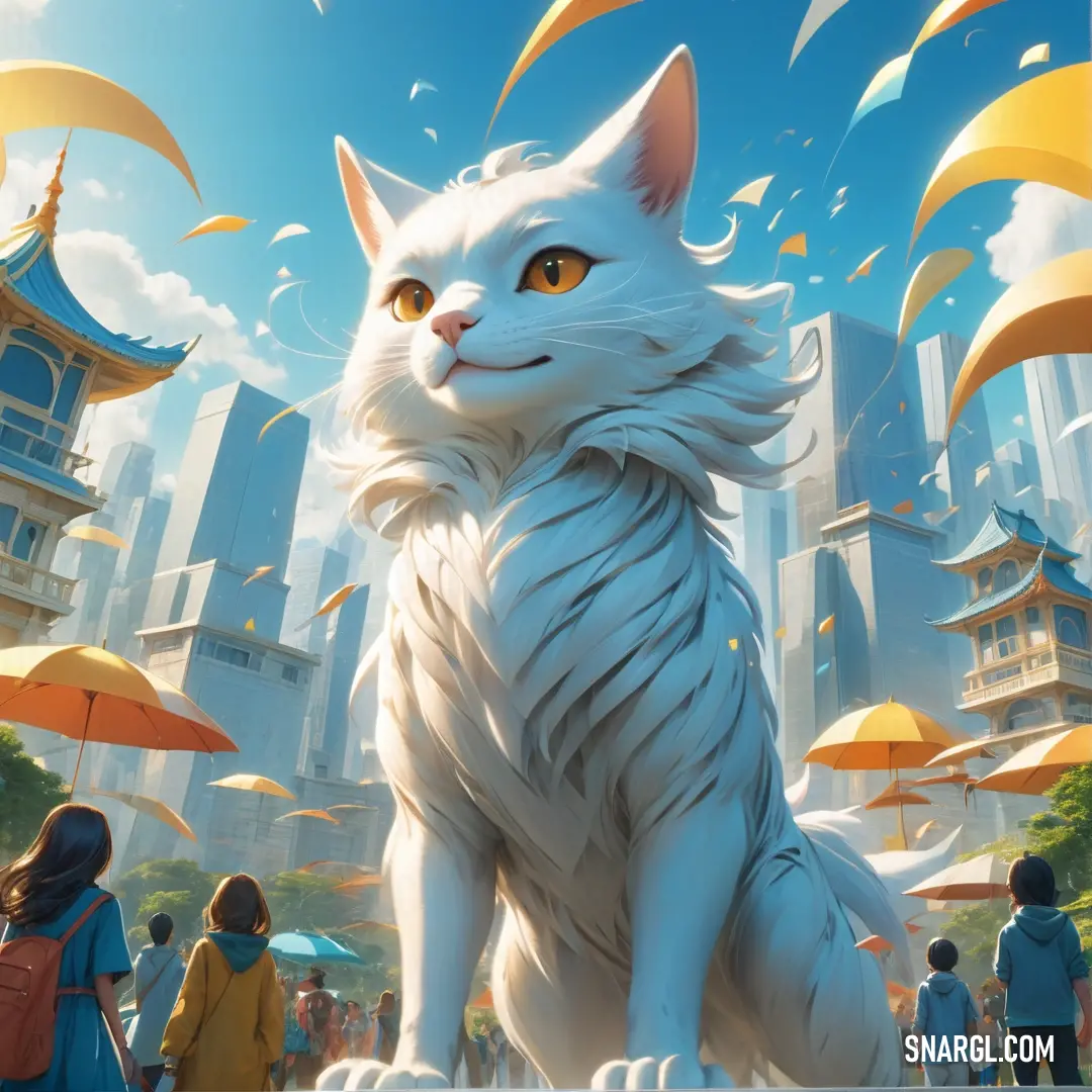 White cat on top of a table next to a building and umbrellas in the sky with people walking by. Example of PANTONE 290 color.