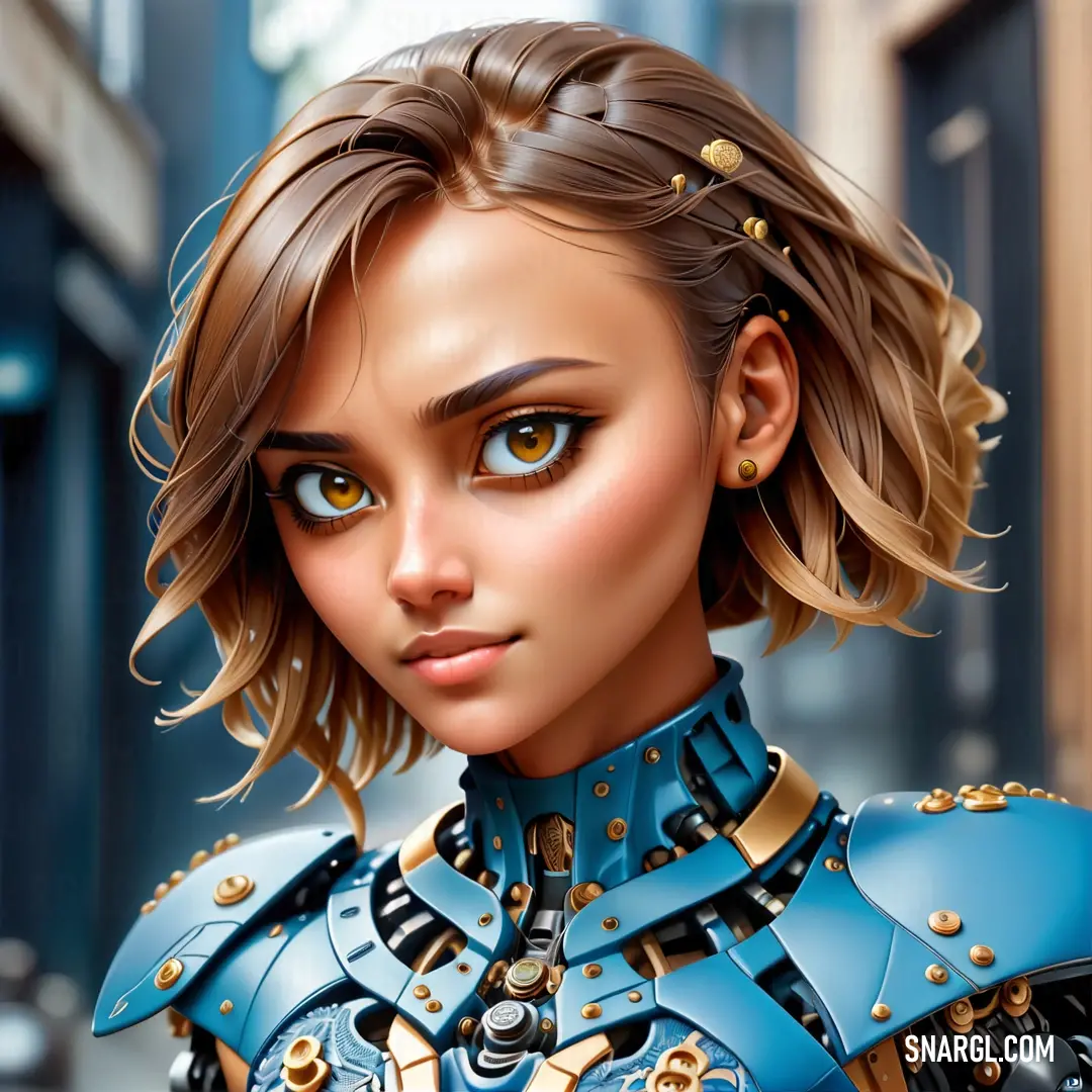 Digital painting of a woman in a blue uniform with gold accents and a piercing on her ear and shoulder. Example of PANTONE 2905 color.
