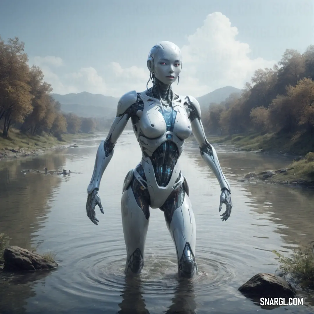 Futuristic woman standing in a river with a body of water in front of her and trees in the background