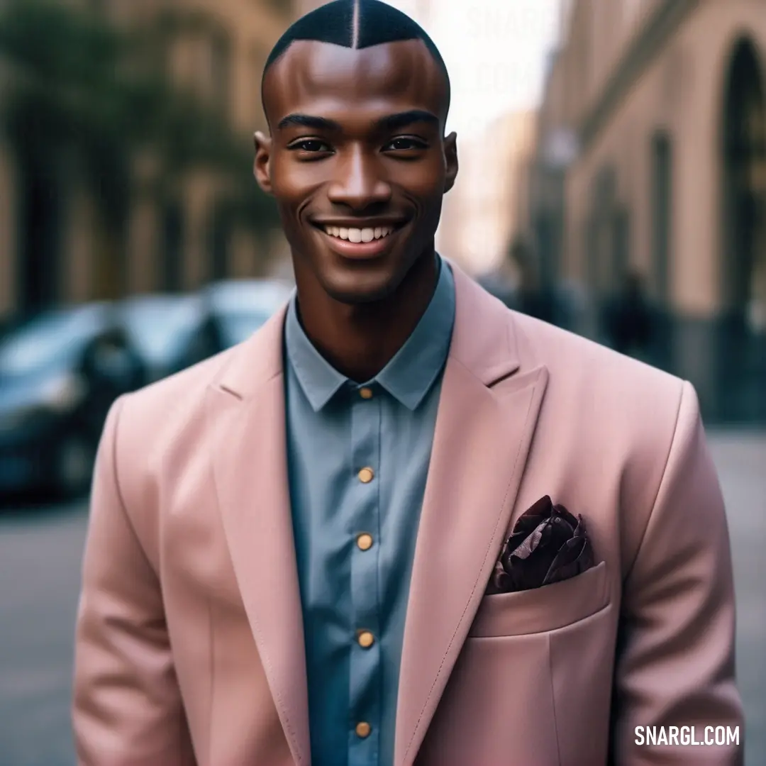 Man in a pink suit and blue shirt smiles at the camera while standing on a city street with a car in the background