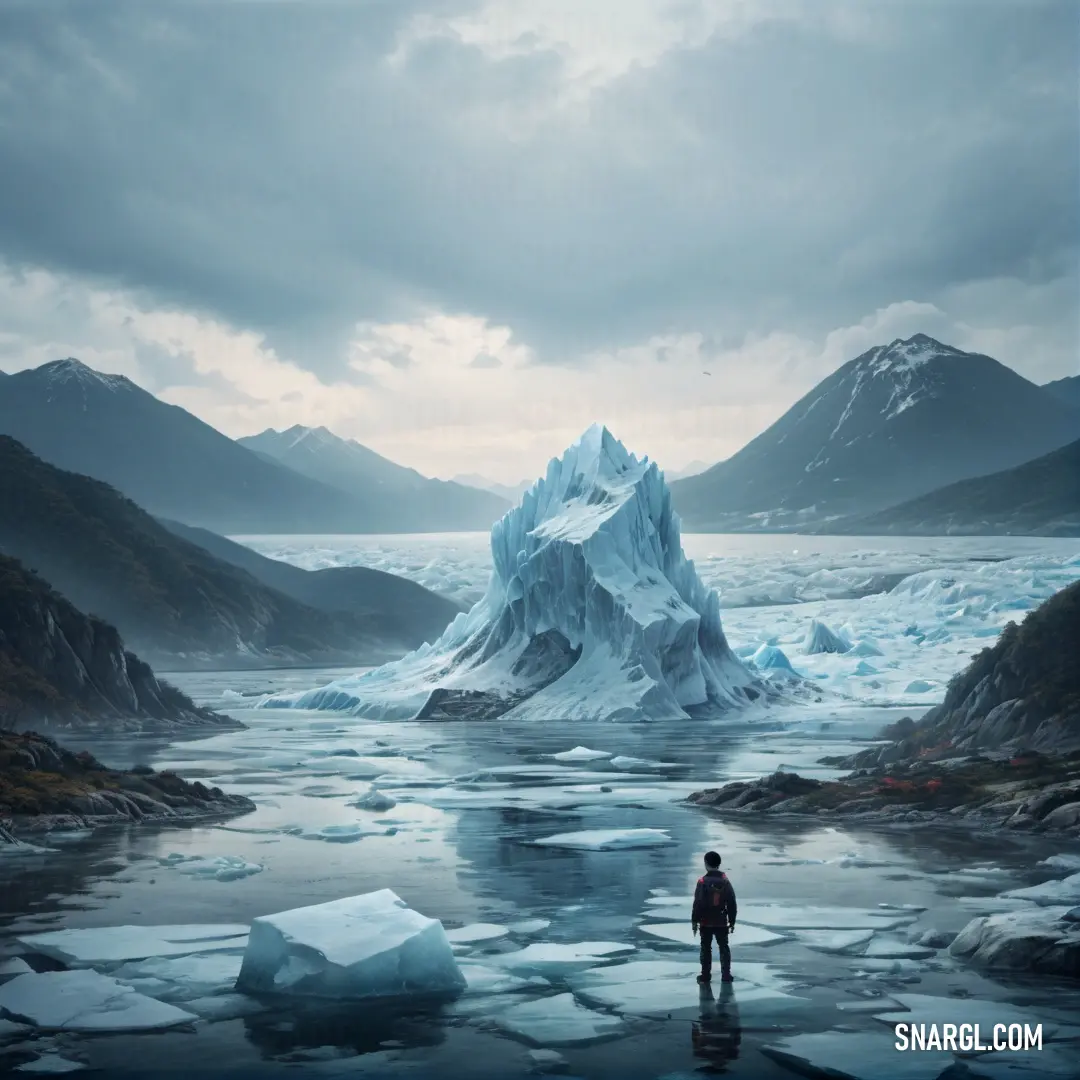 Man standing on a frozen lake with a large iceberg in the background and mountains in the distance. Example of PANTONE 291 color.