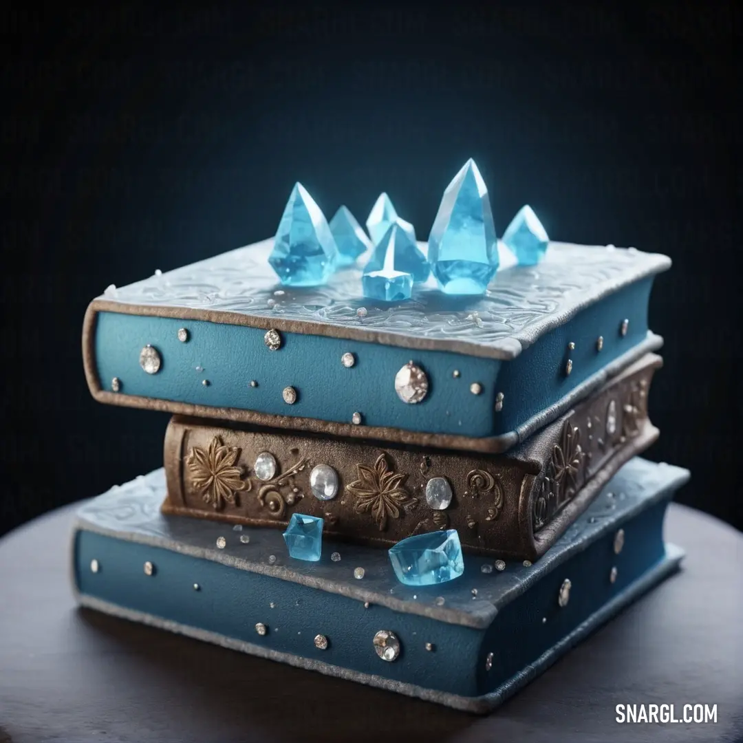 Stack of blue books with blue crystals on top of them on a table with a black background