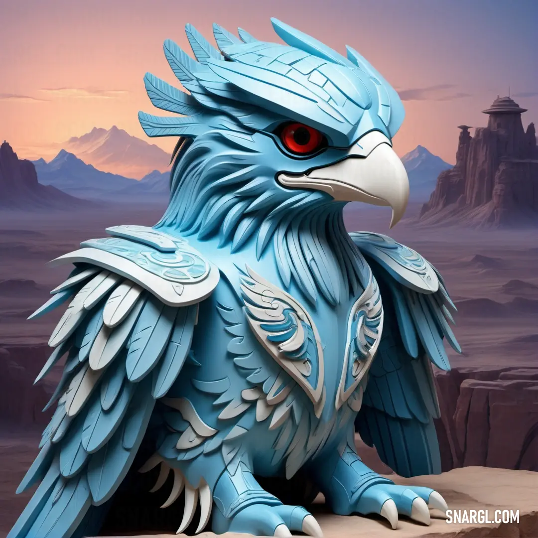 Blue bird with red eyes on a rock in the desert with mountains in the background. Example of #72B7E2 color.