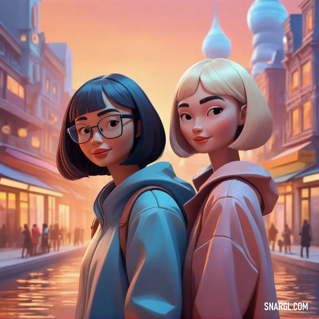 Two women standing next to each other in front of a city street at sunset with a mosque in the background. Example of RGB 114,183,226 color.