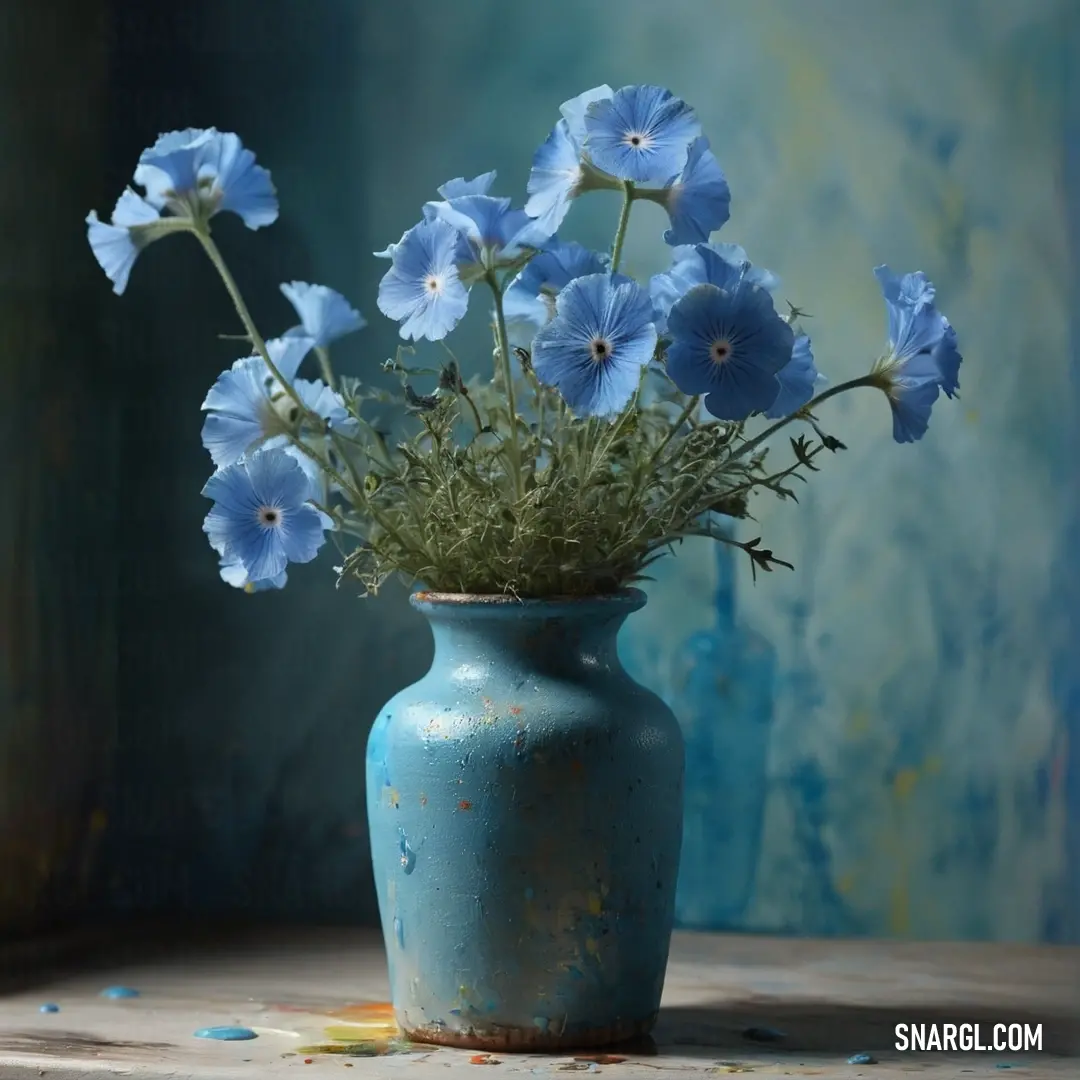 Blue vase with blue flowers in it on a table with confetti scattered around it and a blue background. Example of CMYK 59,11,0,0 color.