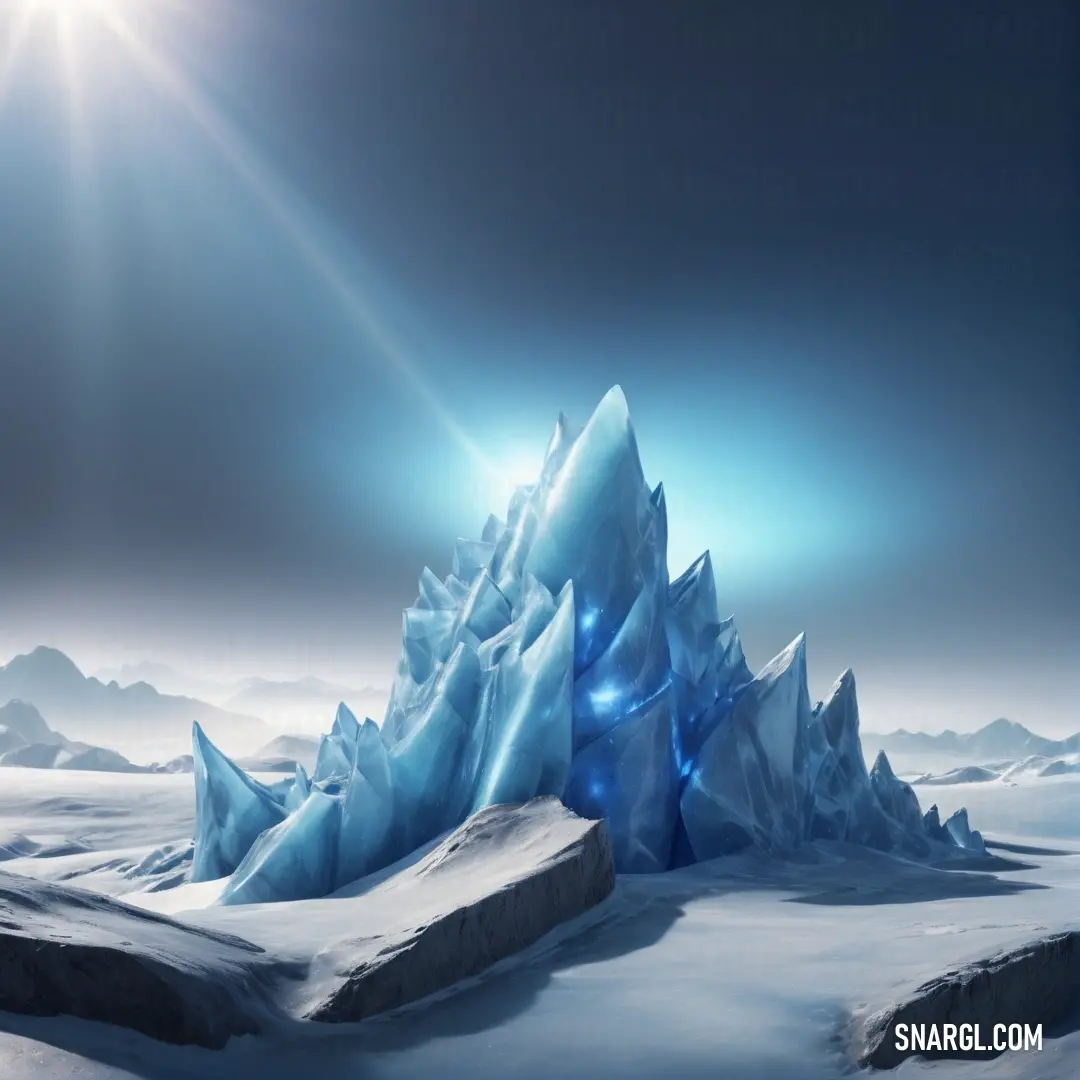 PANTONE 292 color example: Large iceberg in the middle of a snowy landscape with bright sun shining over it and a bright star above it