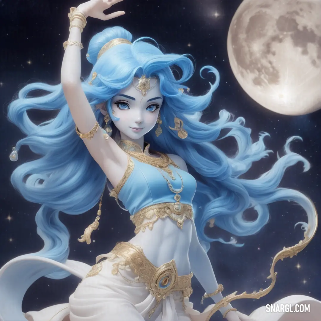 Woman with blue hair and a blue dress is dancing in front of a full moon and stars sky. Color CMYK 59,11,0,0.