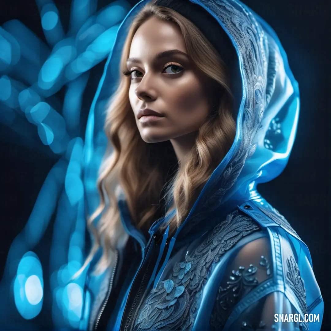 Woman in a blue hoodie is looking at something in the distance with a blue light behind her. Example of CMYK 85,21,0,0 color.