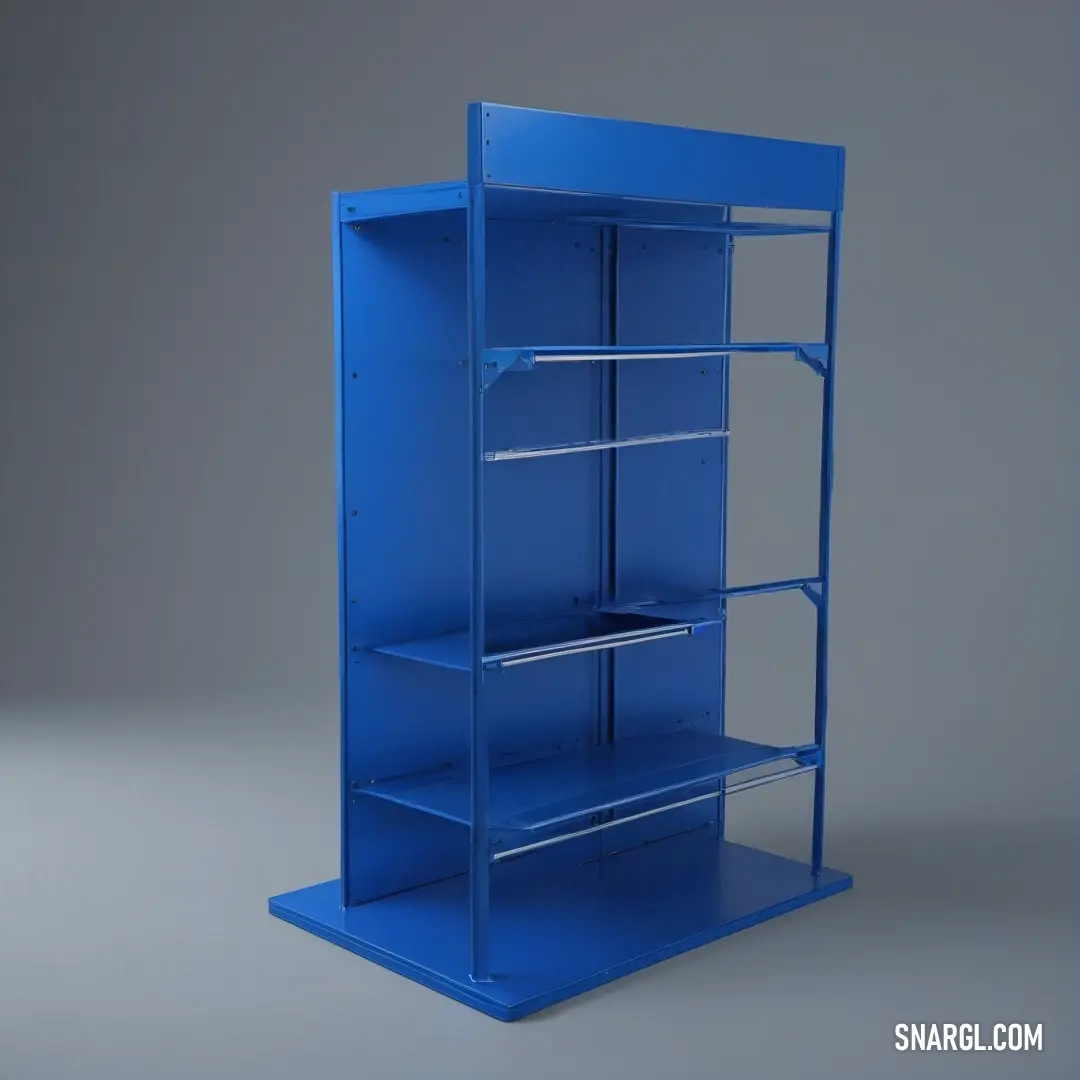 A uniquely designed blue shelf with matching side shelves creates an organized yet vibrant display, adding character and creativity to an otherwise mundane room, perfect for showcasing books and decorative items.