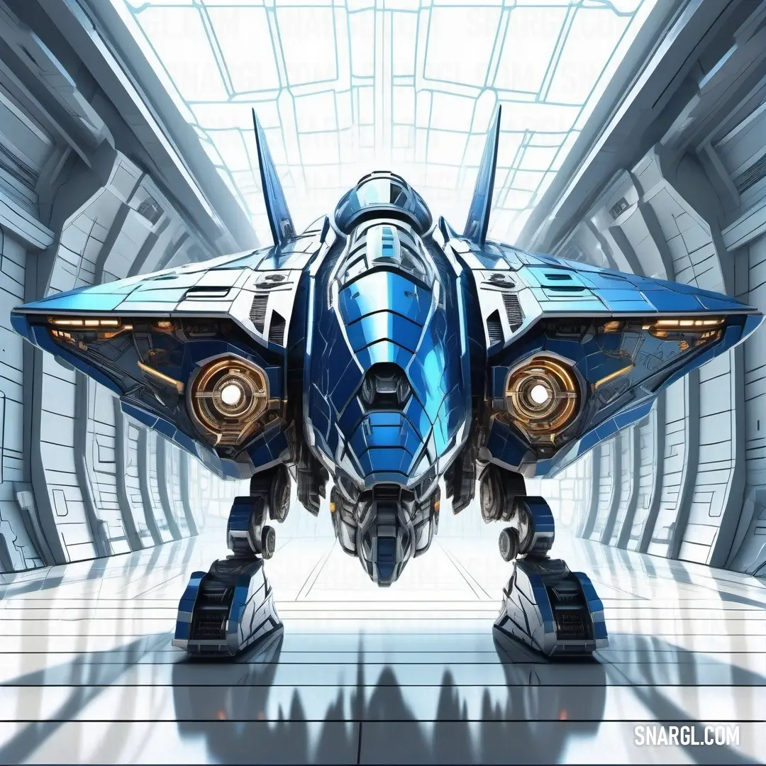 A futuristic blue and white jet fighter sits in a high-tech building, its sleek design contrasting with the modern architecture around it. The large window offers a glimpse of a bright future, while the striking color palette makes the aircraft stand out.