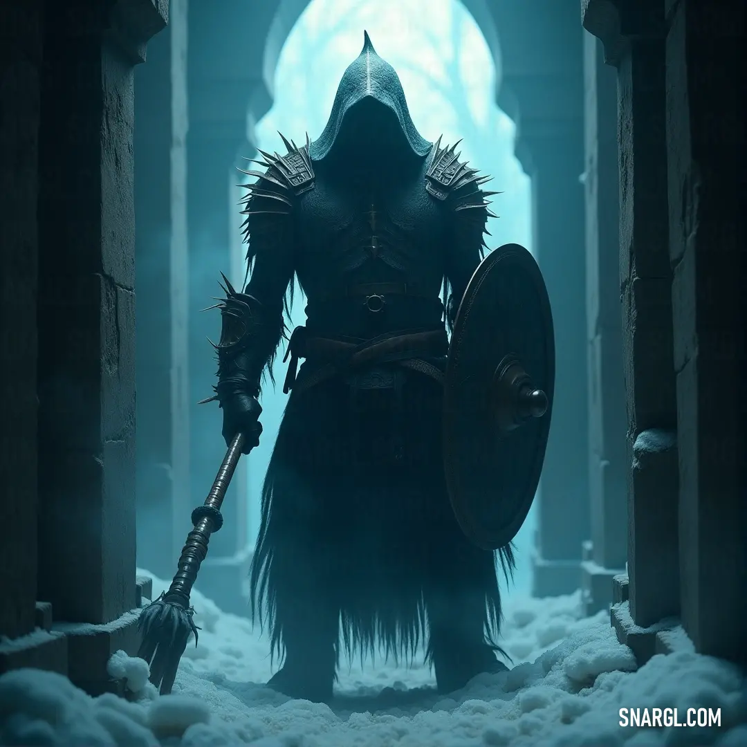 A determined figure dressed in a black outfit stands amid a snowy expanse, clutching a sword and a shield, as beams of light break through the frosty air, hinting at an impending quest.