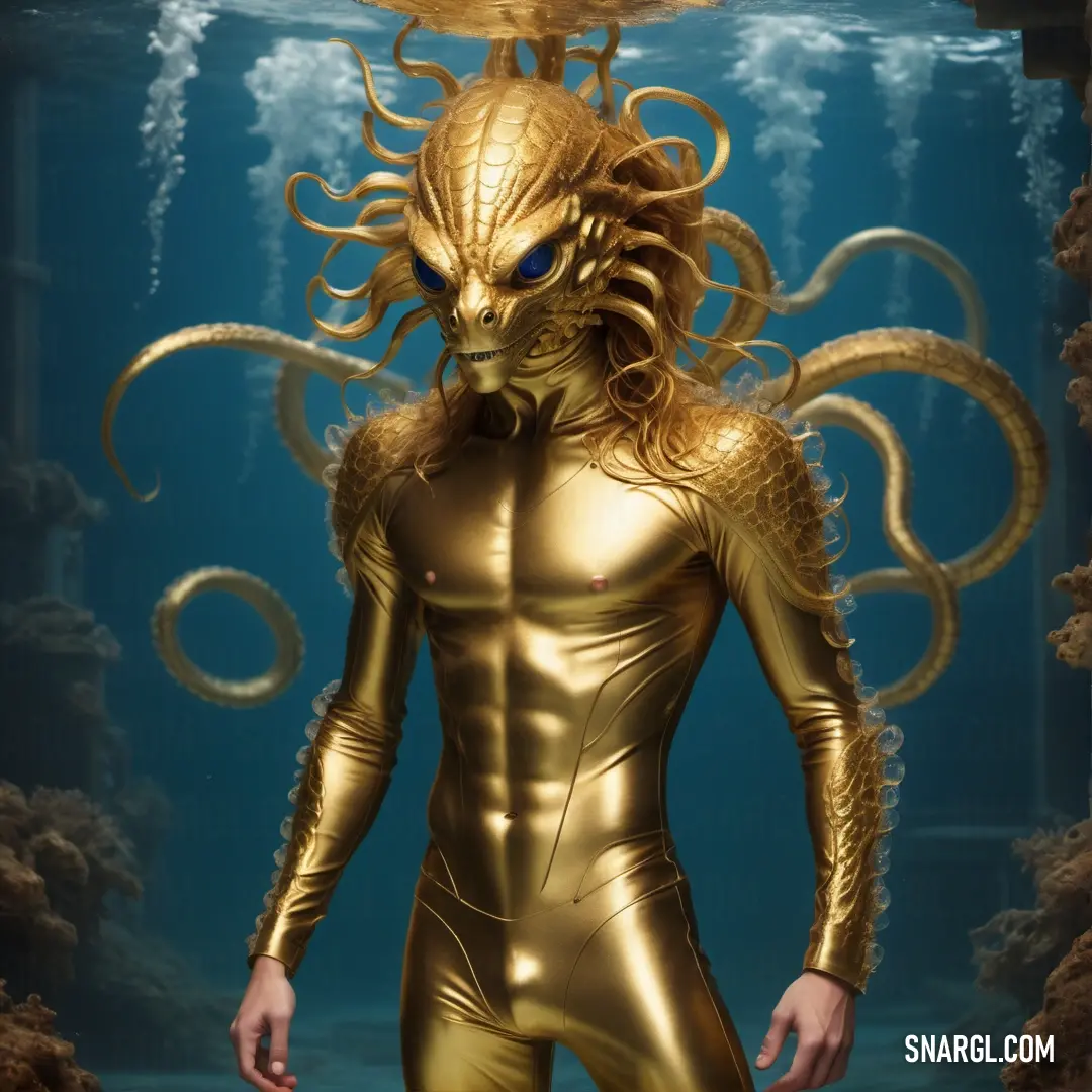 A man dressed in a striking gold suit stands submerged in clear water, a surreal giant octopus head resting on top of his own, its tentacles sprawled across the water. The scene blends natural elements with an otherworldly twist, evoking a sense of myster