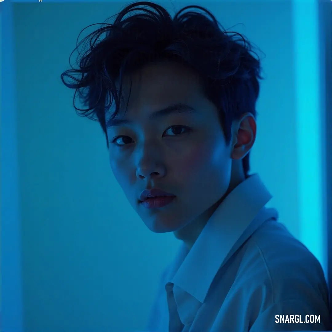 A sharply dressed man in a crisp white shirt and stylish tie looks directly at the camera, surrounded by an ethereal blue light that enhances the depth and clarity of his expression, creating a captivating aura.