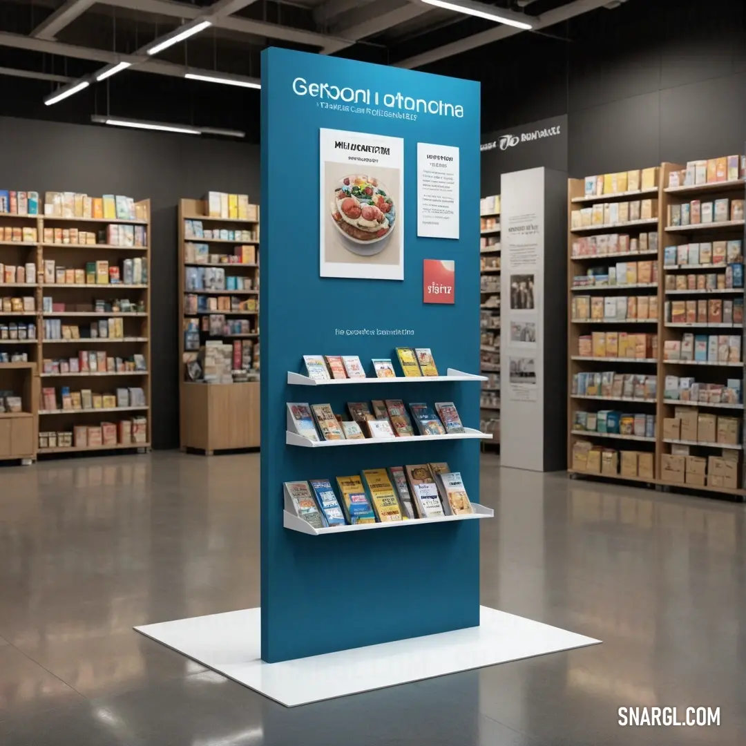 A large bookstore boasting a striking blue sign beckons warmly, filled with shelves brimming with books, creating a welcoming and enriching atmosphere ideal for book lovers and curious minds.