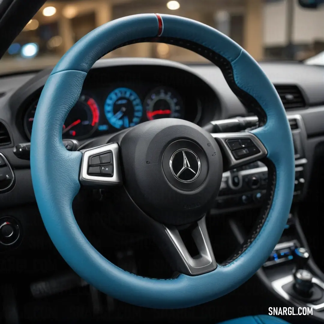 In a striking display, a steering wheel from a sleek car showcases a bold blue dash line accent, emphasizing modern design elements. The refined craftsmanship represents innovation and the thrill of the open road.