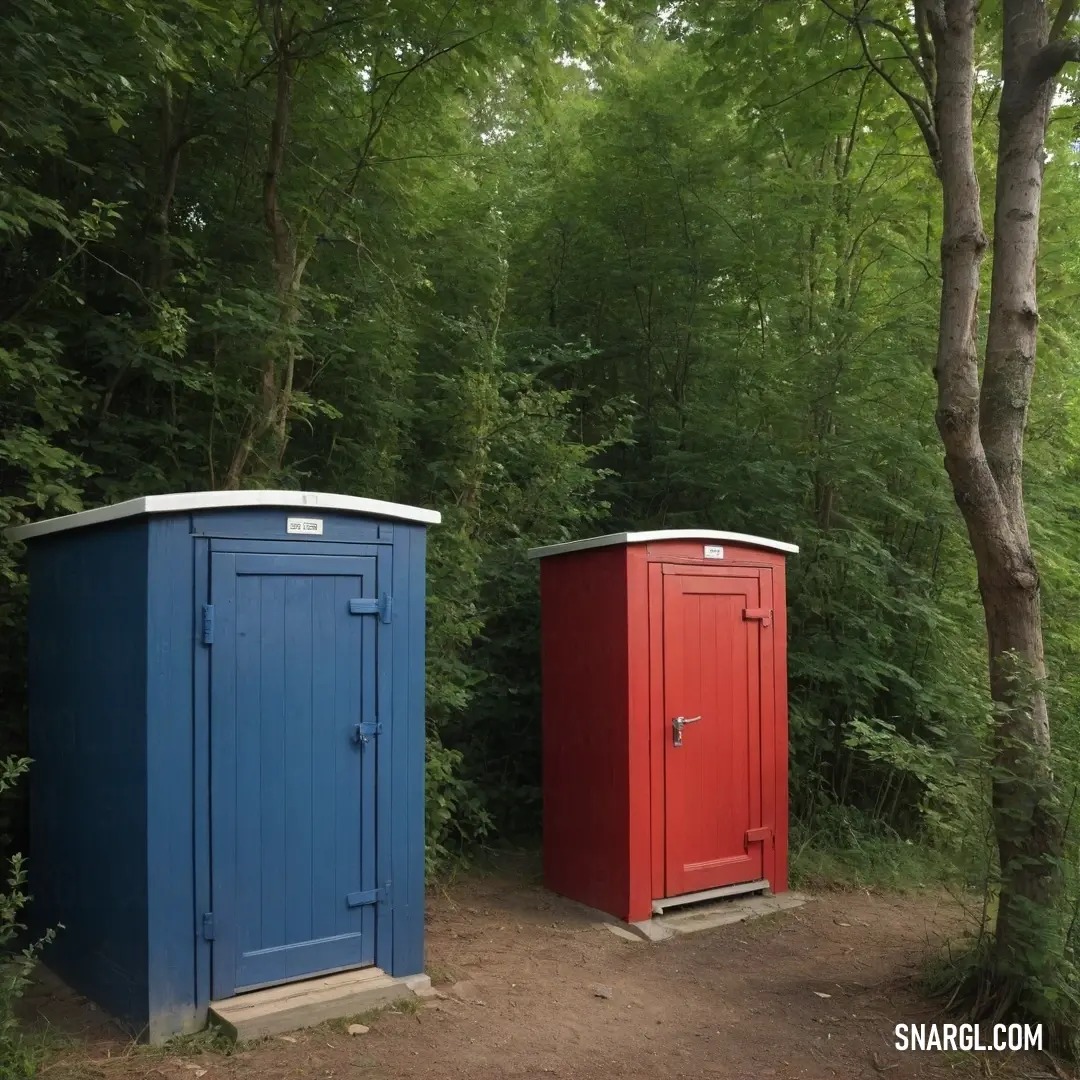 A candid scene featuring two portable toilets nestled in a serene wooded area, seamlessly blending functionality with nature, highlighting the perfect balance of convenience within a tranquil outdoor setting.