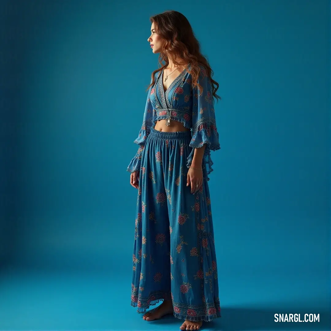 A graceful woman in an elegant blue dress poses confidently against a harmonious blue backdrop that mirrors the richness of her garment, creating a stunning visual interplay of color and poise.