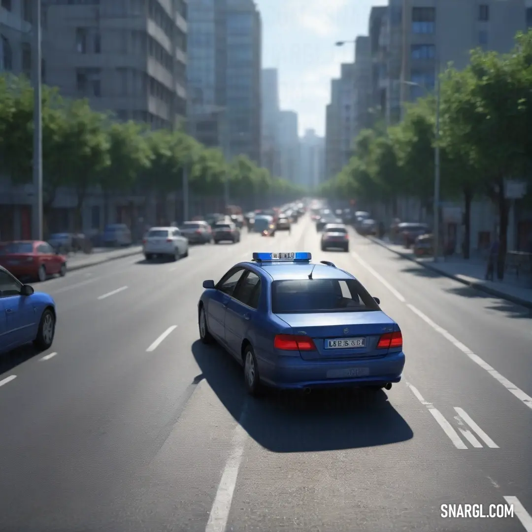 A sleek police car cruising through a lively city street, framed by impressive skyscrapers, captures the bustle of urban life, illustrating the vital role of law enforcement in ensuring safety and order amidst a vibrant backdrop.